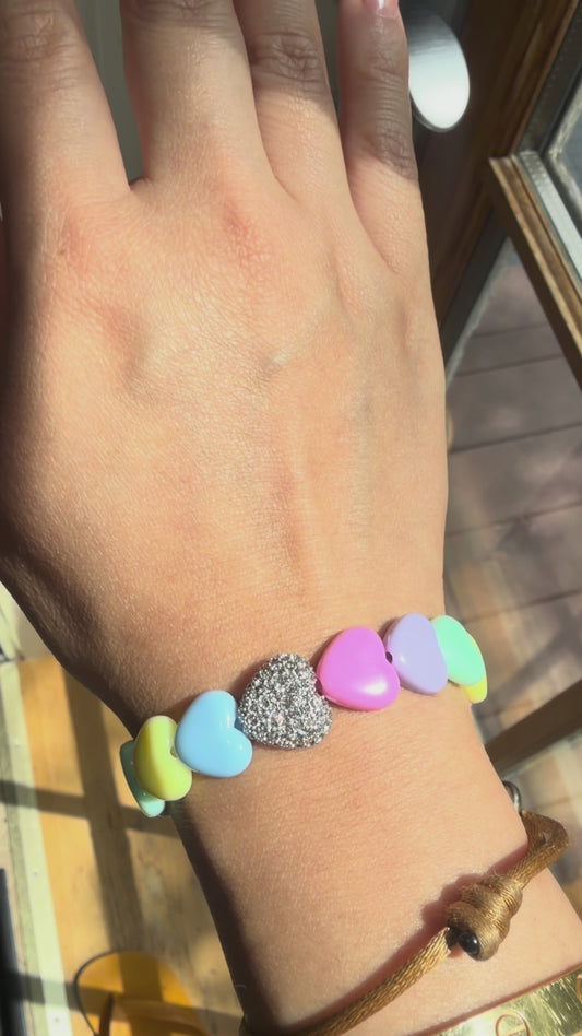 Pastel Heart Bead Stretch Bracelet with Heart Bead, 18K Gold Filled with Pave Moissanites, Ready to Ship