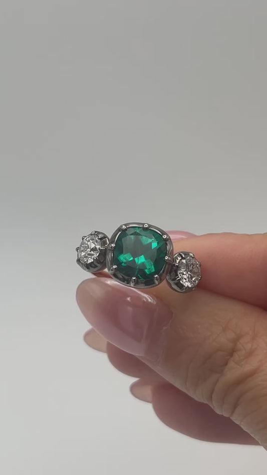 Cushion Emerald and Lab Diamond Georgian Victorian Collet Button Back Trilogy Ring
