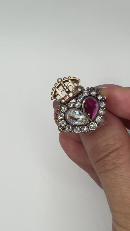 Georgian Crowned Twin Heart Ring with Rose Cut Lab Ruby and Moissanite in 9K Gold