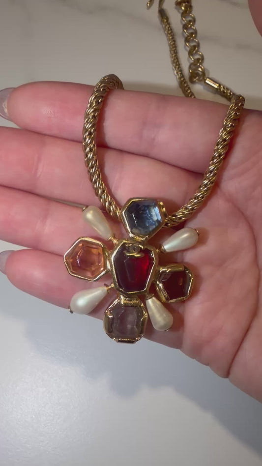 Vintage Chanel Gripoix Poured Glass Byzantine Cross Pendant Necklace, Gold Tone, Ready to Ship