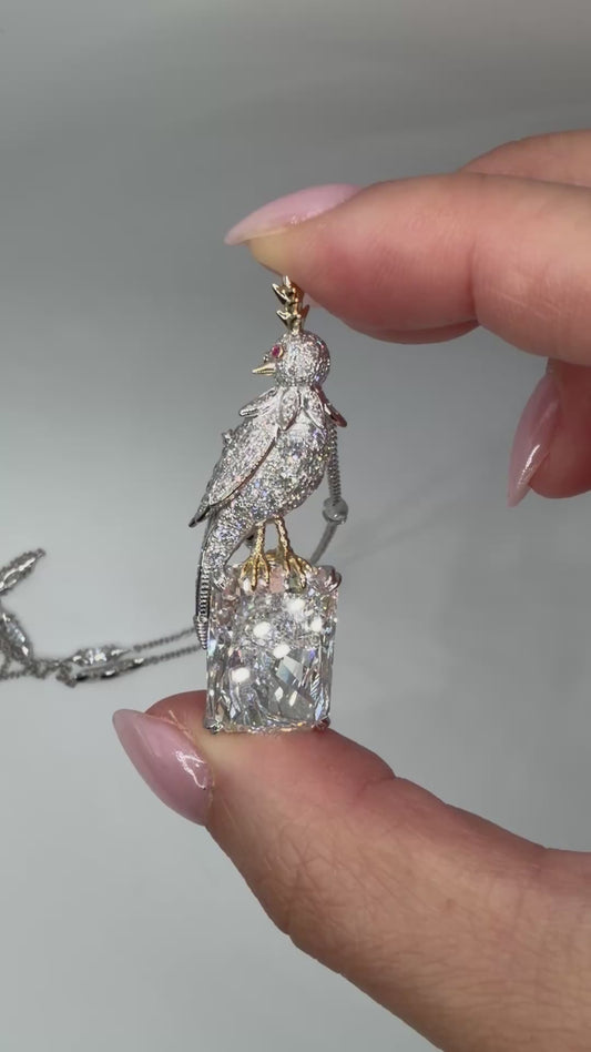 Bird Necklace with 18 CT Radiant Cut Lab Diamond and Moissanites, 18K Solid Gold and Platinum