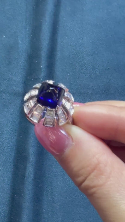 Lab Sapphire Sugarloaf Ring with Carré Cut Lab Diamonds in Platinum