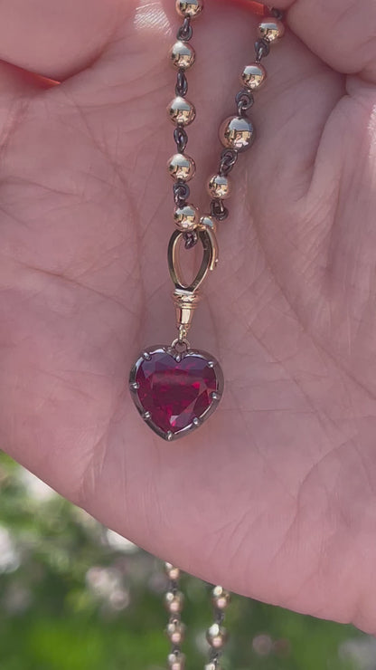 Georgian Victorian Ball Chain Heart Ruby Pendant, 18K Gold