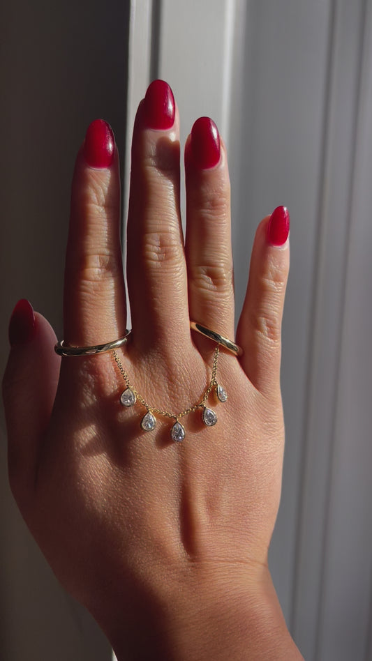 Double Ring with Pear Shaped Moissanites, 14K Gold