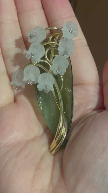 Rock Crystal, Diamond, Nephrite and Gold Lily of the Valley Brooch, 18K Gold