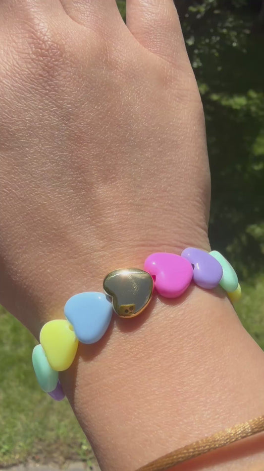 Pastel Heart Bead Stretch Bracelet with Heart Bead, 18K Gold Filled