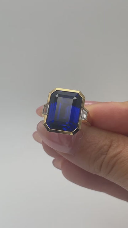 Lab Grown Emerald Cut Sapphire with Trapezoid Diamonds Gold Bezel Three Stone Ring, 18K Gold
