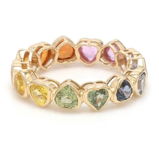 Multi Rainbow Heart Sapphire Bezel Eternity Band Ring, view 2