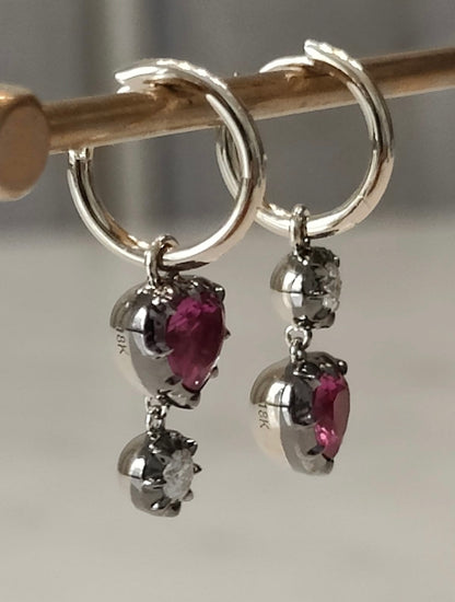 Heart Shaped Ruby and Round Moissanite Georgian Victorian Gold Earrings, view 3