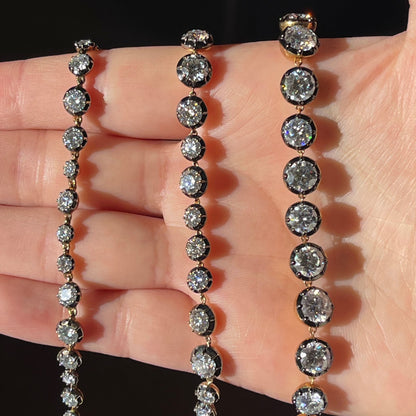 18K Gold Filled, 5 to 15 Carat Moissanite Riviere Georgian Victorian Button Back Collet Bracelet | Jessica McCormack style | Fred Leighton inspired | Zendaya engagement ring style | Zoe Kravitz jewelry | Georgian Victorian antique inspired jewelry | by Disco Marshmallow