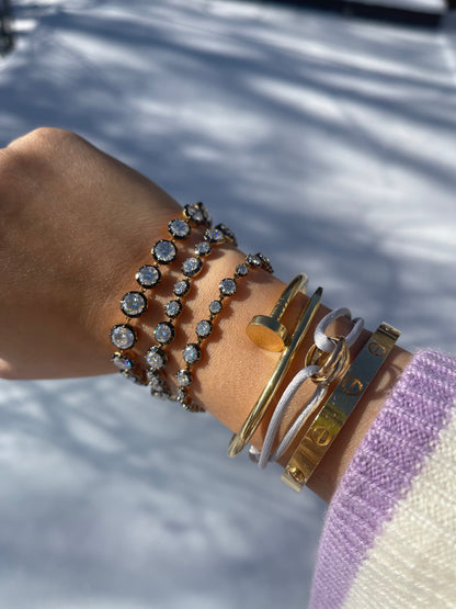 18K Gold Filled, 5 to 15 Carat Moissanite Riviere Georgian Victorian Button Back Collet Bracelet | Jessica McCormack style | Fred Leighton inspired | Zendaya engagement ring style | Zoe Kravitz jewelry | Georgian Victorian antique inspired jewelry | by Disco Marshmallow
