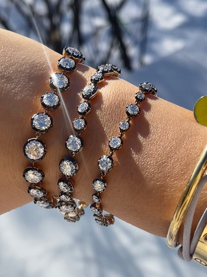 18K Gold Filled, 5 to 15 Carat Moissanite Riviere Georgian Victorian Button Back Collet Bracelet | Jessica McCormack style | Fred Leighton inspired | Zendaya engagement ring style | Zoe Kravitz jewelry | Georgian Victorian antique inspired jewelry | by Disco Marshmallow