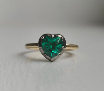 Georgian Victorian Heart Shaped Emerald and Gold Collet Button Back Ring, Blackened Gold, view 7