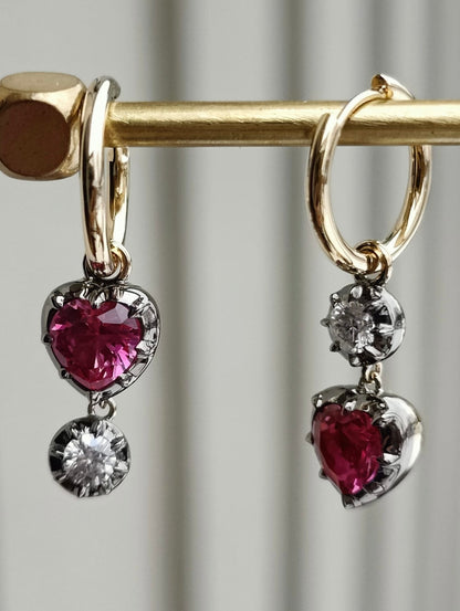 Heart Shaped Ruby and Round Moissanite Georgian Victorian Gold Earrings, view 4